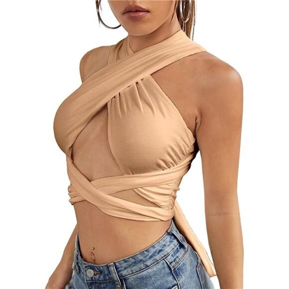 Khaki Multi Way Wrap‎ Halter Crop Top Backless Sexy Cutout Bandage Y2K Top - Picture 11 of 11